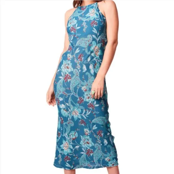 A4. XS - BOG Band of the Free - Floral Deep Teal Sleeveless Midi Dress NEW - Picture 4 of 7
